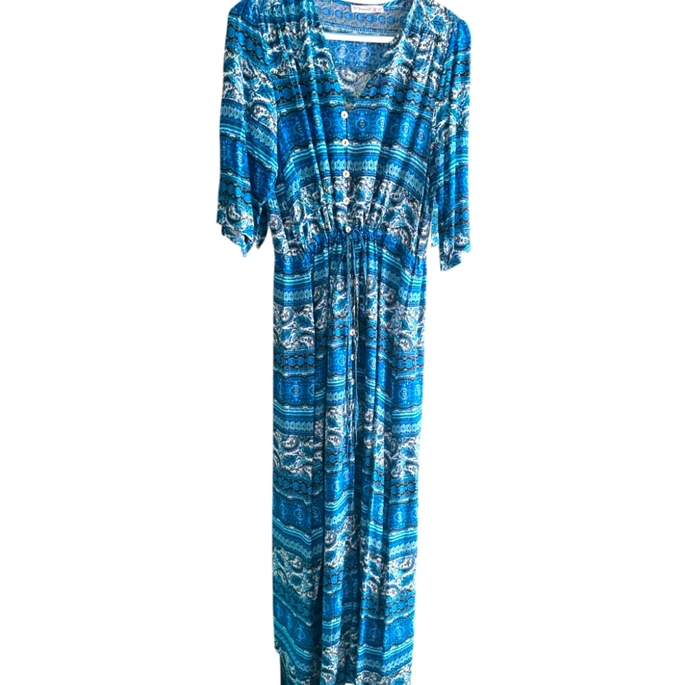 Blue Multicolored Long Flowy Peasant Maxi Sundress M